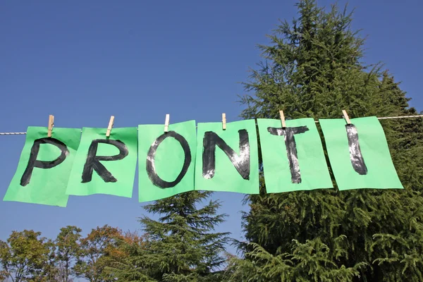 Escrito pronto em italiano PRONTI com folhas verdes penduradas — Fotografia de Stock