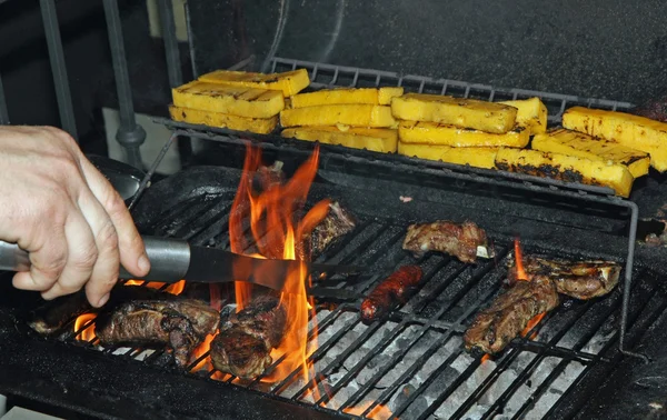 Embutido y cerdo a la parrilla durante una barbacoa en el jardín al aire libre — Foto de Stock