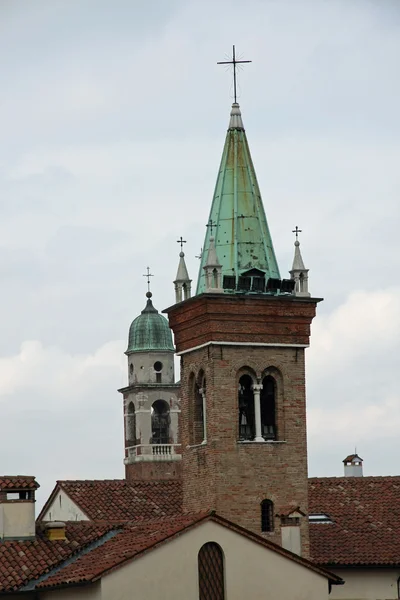 Turle de biserici care se ridică deasupra caselor Vicenza — Fotografie, imagine de stoc