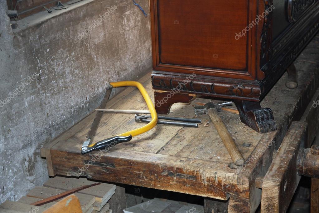 Tools In A Dusty Carpentry Workshop Expert In Restoration Of Ant