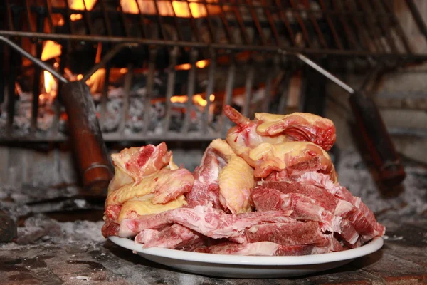 Tray with raw meat ready to be cooked on the fire of the firepla — Stock Photo, Image