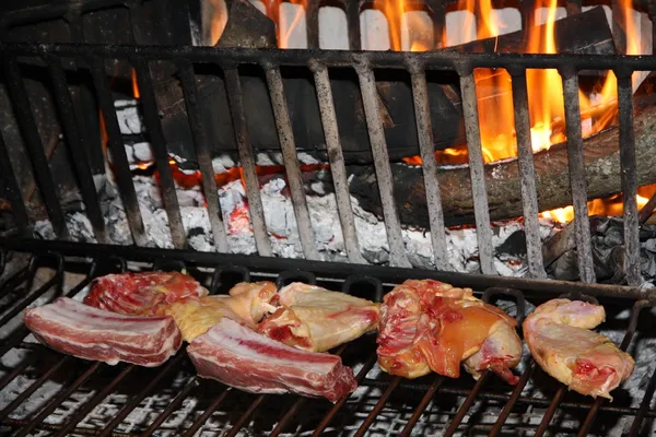 Great pork and beef cooked on the grill of the fireplace — Stock Photo, Image