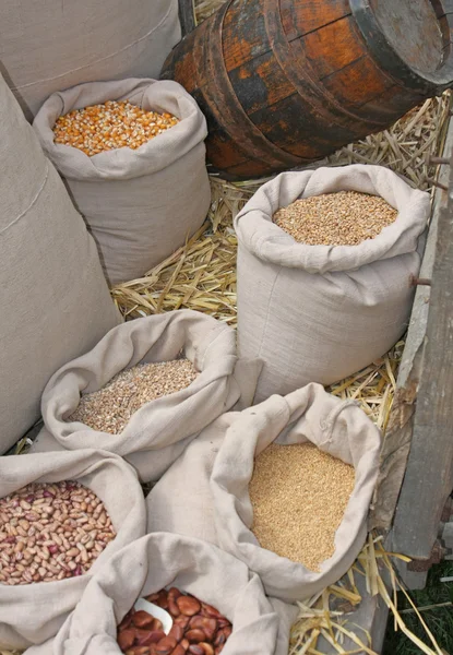 Viejo mercado de especias con la venta de semillas de maíz y trigo en bolsas de yute —  Fotos de Stock