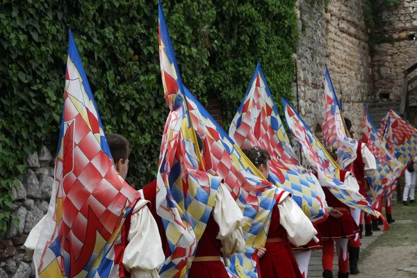 Young flag-waving with colourful flags during a medieval event — Stock Photo, Image