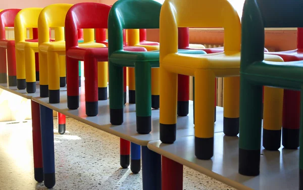 Nice little chairs on the tables of the refectory of asylum 4 — Stock Photo, Image