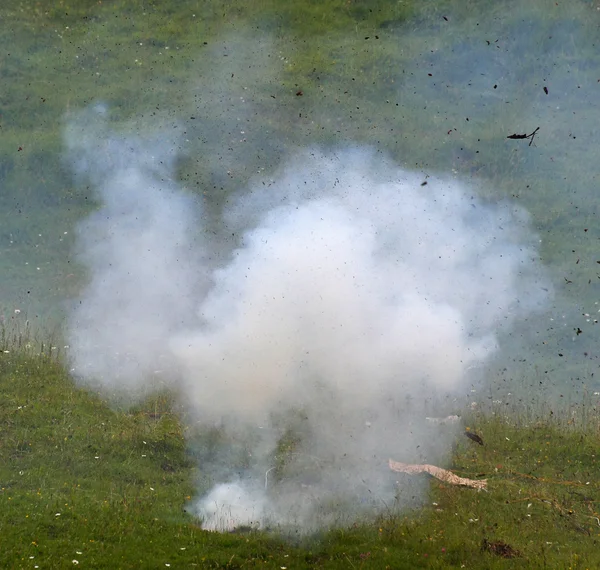 Guerrilla with an explosion with a thick blanket of white smoke — Stock Photo, Image