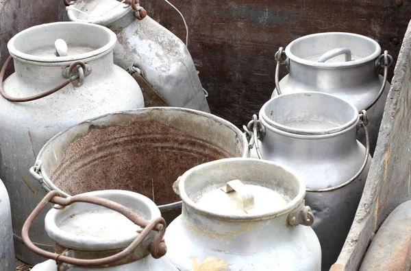 Aluminum containers to carry the fresh milk on farms — Stock Photo, Image