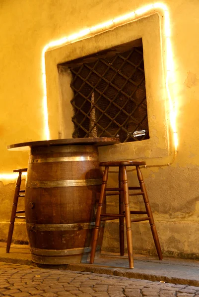 Table of a bar made from an upside-down in a small barrel — Stock Photo, Image