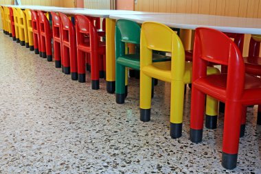 Kreş yemekhane renkli plastik sandalyeler hattı