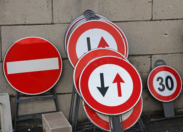 Road sign in stock ready to be used in road construction — Stock Photo, Image