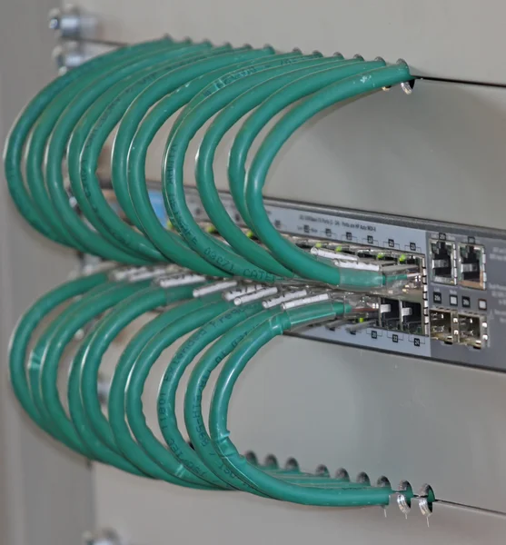 Network cables in a patch panel for the connection of the comput — Stock Photo, Image