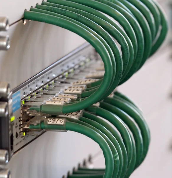 Detalhe de conexão dos cabos de rede verdes em um firewall a — Fotografia de Stock