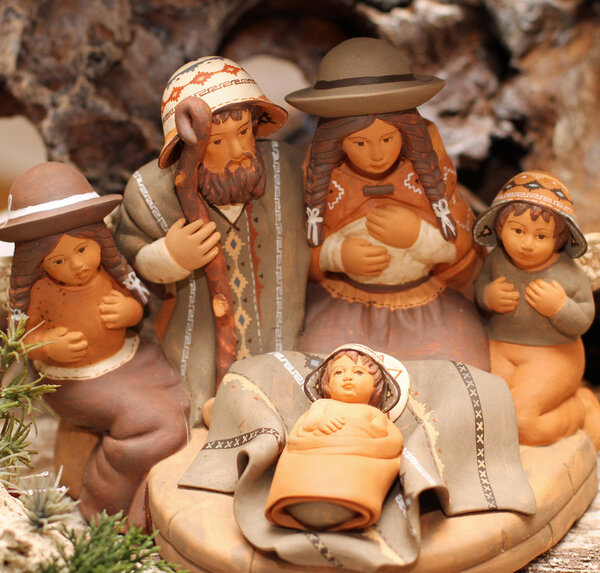Holy Family in Bolivia with two angels in terracotta Nativity sc