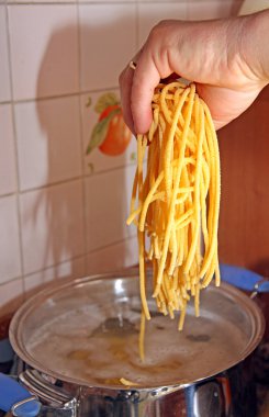 Home Cook while kicks homemade spaghetti in water clipart