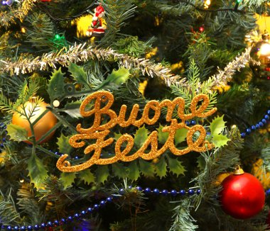 mutlu tatiller İtalyanca olarak Noel ağacına yazılır.
