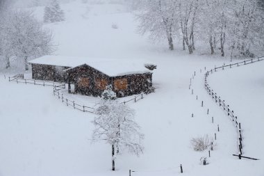 Özel dağın ahşap chalets karla kaplı