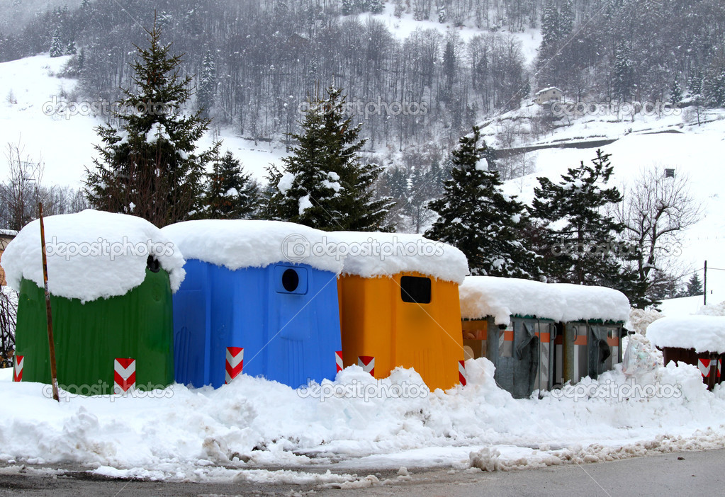 rubbish bins and bins for separate waste collection in a mountai