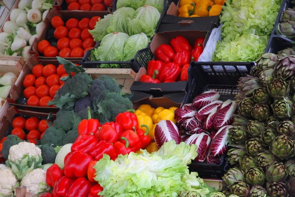 Červená čekanka, radicchio, červené papriky, artyčoky, salát greeny — Stock fotografie