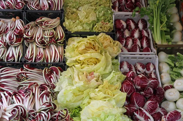 Salat mit rotem Radicchio, Chicorée und anderen Früchten zum Verkauf an der — Stockfoto