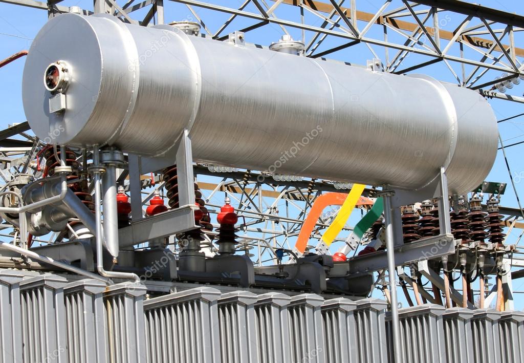 Gigantic oil tank in transformer power station — Stock Photo