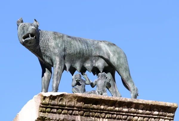 Louve allaitant jumeaux tandis que les fondateurs de Rome avec ciel bleu retour — Photo