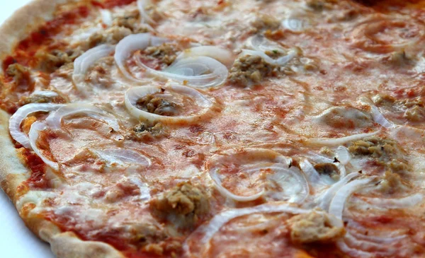 PIZZA com atum e cebola com mussarela e tomate cozido em — Fotografia de Stock