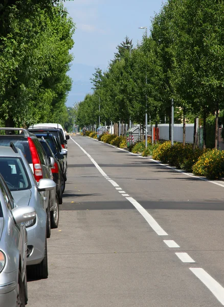 Estrada de asfalto com linha branca no meio e os carros estacionados — Fotografia de Stock