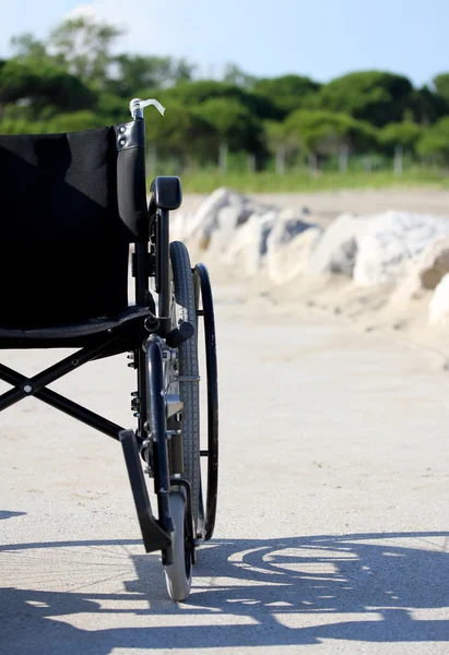 Media silla de ruedas cerca de la playa con vegetación en el fondo —  Fotos de Stock