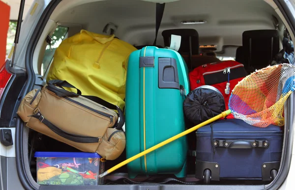 Bolsa y carro con una red de pesca en el maletero del coche — Foto de Stock