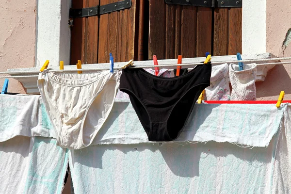 Deux culottes noires et blanches avec autre linge séchant — Photo