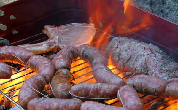 Salsichas saborosas churrasco de carne grelhada com fogo — Fotografia de Stock