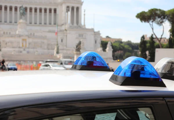 Blue Sirens Car Italian Police Forces Famous Monument Called Altare — Stock Photo, Image