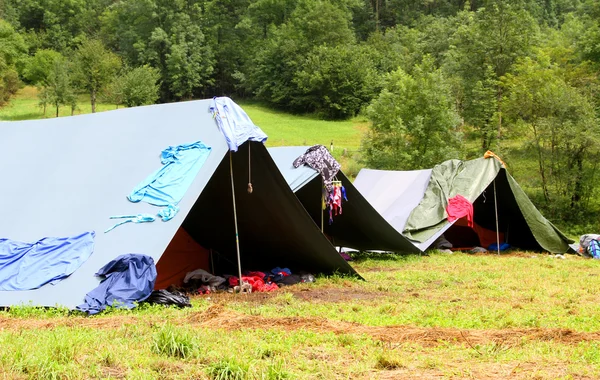 Acampando tendas em um acampamento de olheiros e secando a roupa — Fotografia de Stock