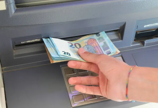 Hand Young Man Taking Banknotes Cash Machine Euro Cash Machine — Stock Photo, Image