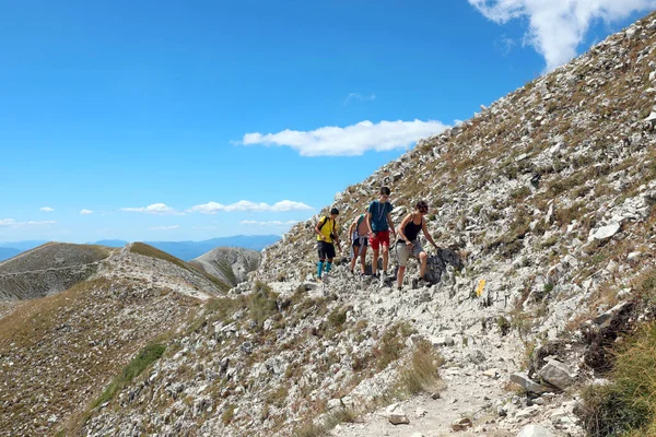 Família Com Mãe Três Filhos Andando Nas Encostas Montanha Pedregosa — Fotografia de Stock