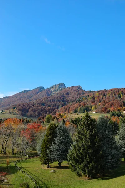 Górska Panorama Kolorowymi Jesiennymi Liśćmi Piękny Dzień Błękitnym Niebem — Zdjęcie stockowe