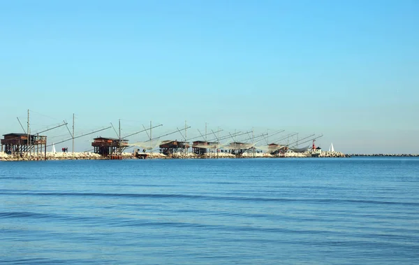 Many Fishing Huts Dike Large Nets Catching Fish Crustaceans Adriatic — Stock Photo, Image