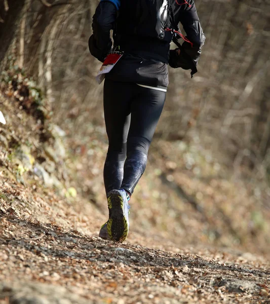 Atleta Corriendo Durante Una Carrera Pie Campo Traviesa Camino Bosque — Foto de Stock