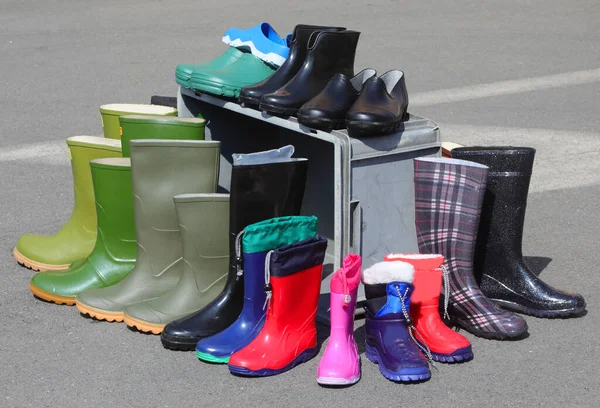 Many Rubber Boots All Sizes Types Sale Outdoor Market Stall — Stock Photo, Image