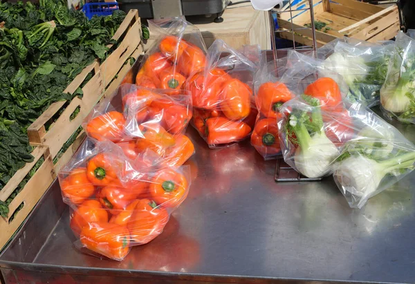 Bags Ripe Red Peppers Fennel Sale Greengrocers Stall Vegetable Market — Stock Photo, Image