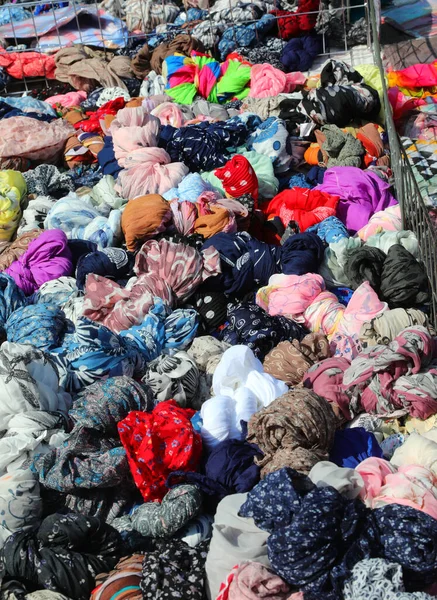 Pile Silk Scarves Shawls Sale Outdoor Street Market — Stock Photo, Image