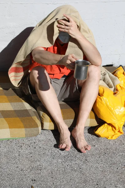 Poor Beggar Sitting Filthy Mattress While Asking Alms Kind Hearted — Stock Photo, Image
