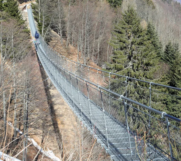 Ponte Suspensão Muito Longa Chamada Ponte Tibetana Uma Pessoa Caminhando — Fotografia de Stock