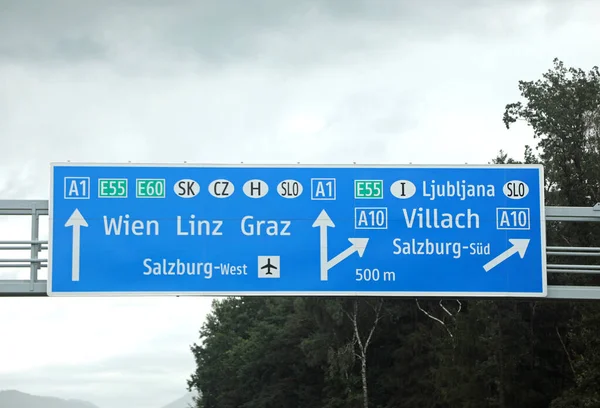 Motorway Junction Large Signs Indicating Border Towns Austria Italy Wien — Stock Photo, Image