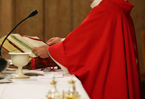 Bispo Com Batina Vermelha Enquanto Celebra Missa Enquanto Bíblia Igreja — Fotografia de Stock