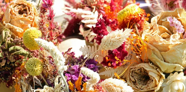 Achtergrond Van Bloemige Samenstelling Van Gedroogde Bloemen Van Vele Rassen — Stockfoto