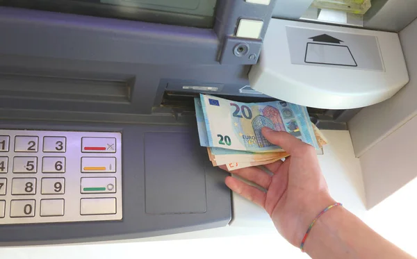 Automatic Atm Banknotes Euro Hand — Stock Photo, Image