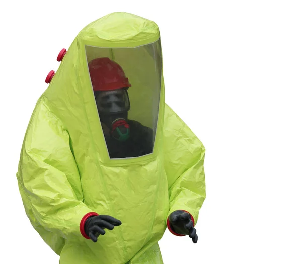 Person Protective Suit Contamination Chemical Risk Who Breathes Mask Self — Stock Photo, Image
