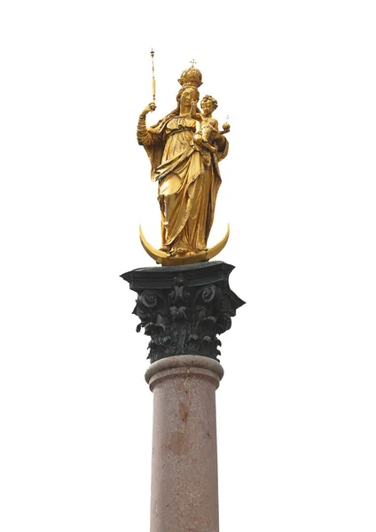 Golden Statue Madonna Baby Jesus White Background Munich Square Called — стоковое фото