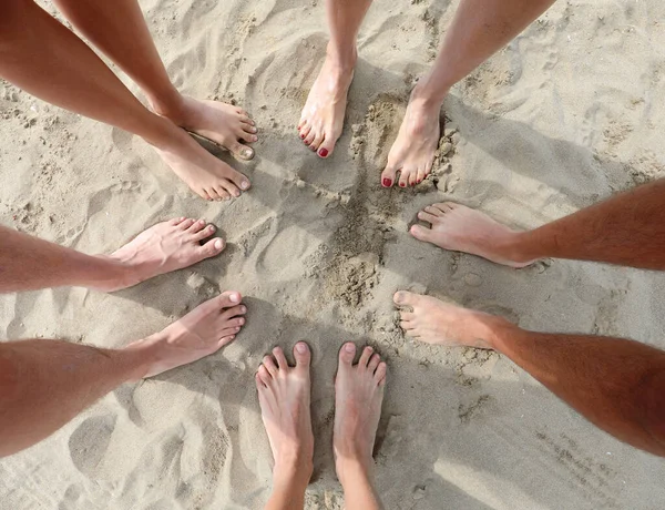 Ten Barefoot Feet Sandy Beach Person Family Father Mother Three — Stock Photo, Image